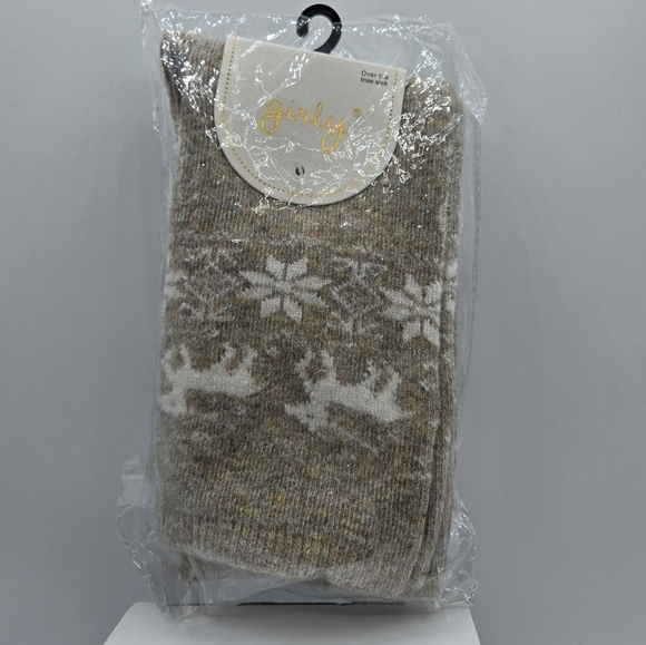 Girly Snowflake Deer Knitted Over-the-knee Socks Tan & White - Picture 1 of 6